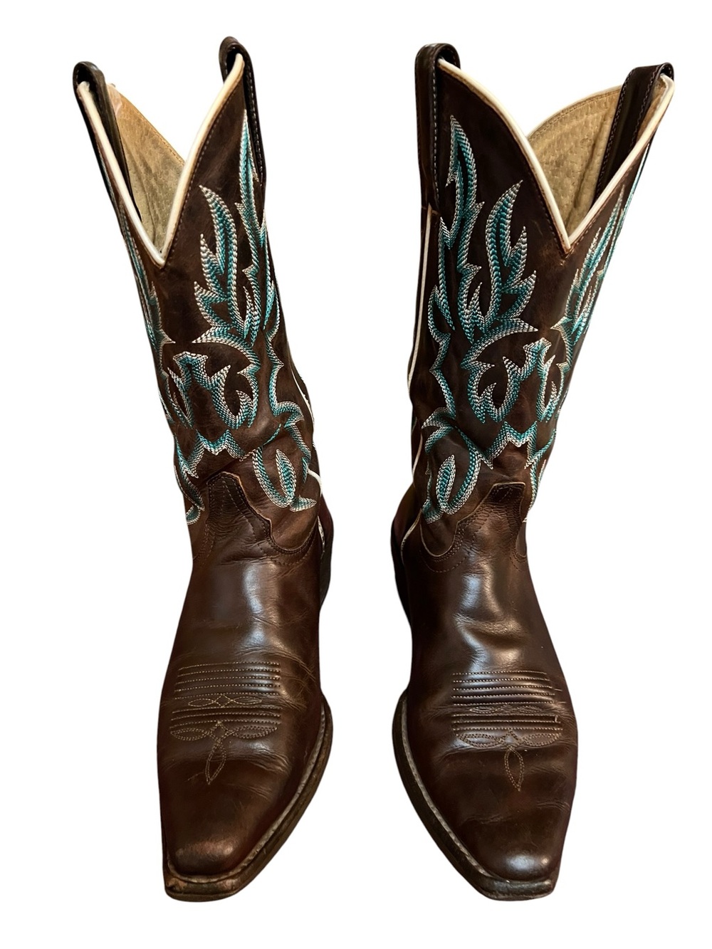 Women's La In Brown Leather Cowboy Boots with Teal Stitching